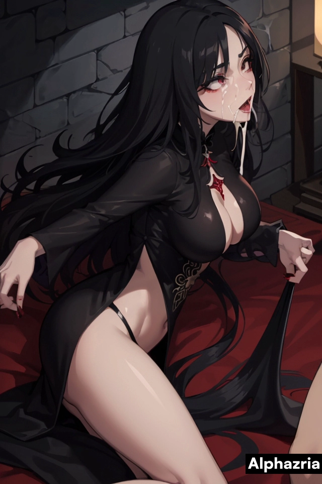 Gothic architecture, Moonlit night, Vampire, Supernatural, Seduction, Dark alleys, Velvet cloak, Blood-red lips, One Woman, 18 Years old, (asian japanese:1.2), Slender, Black eyes, (long straight black hair:1.2), Large breast, Medium ass, (cum glazed:1.3)