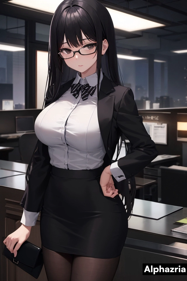 (New York office:1.2), Luxury, Secretary, Glasses, (skirt:1.1), Dark scene, Night, Dimly lit, One Woman, 18 Years old, (asian japanese:1.2), Slender, Black eyes, (long straight black hair:1.2), Large breast, Medium ass