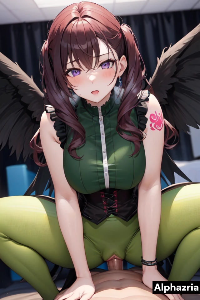 (masterpiece, best quality, 8k, highly detailed, highres, ultra-detailed, perfect eyes),Massive cock.,(34 years old fit latino chilean woman:1.1),(adult:1.1),brown skin,(pigtails red hair:[1:1.1:0.2]),mature woman ,violet eyes,(modern tattoos)  BREAK (1boy, penis, squatting cowgirl position, vaginal, pov),(cosplay,roleplay,submission,las vegas,at comic con dressed in cosplay,black wings green hair purple leggings corset:1.1),<lora:cowgirl_squatting:1.2@0,0@0.2,0@1><lora:breast_size_slider:0.3@0,0@1>