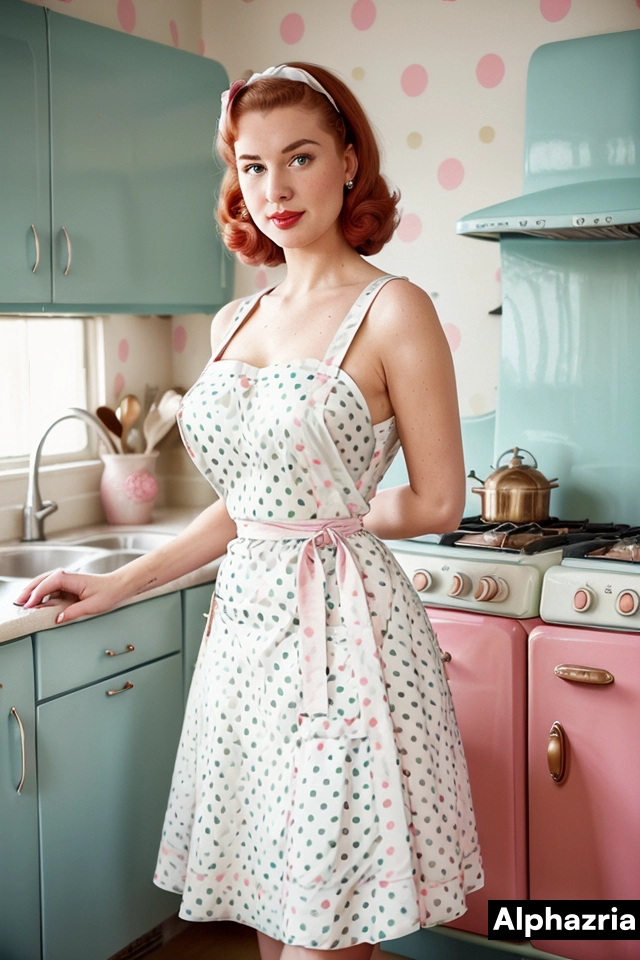 50s housewife in vintage surbuban kitchen wearing polkadot dress