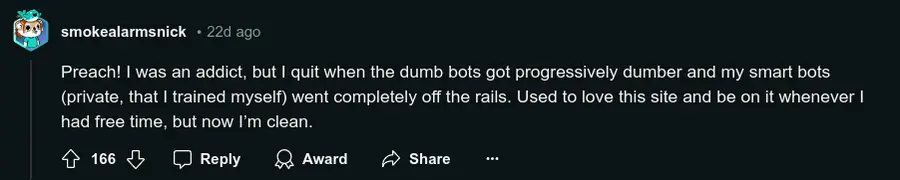 Screenshot of Reddit comment complaining about being addicted to the app before it got censured