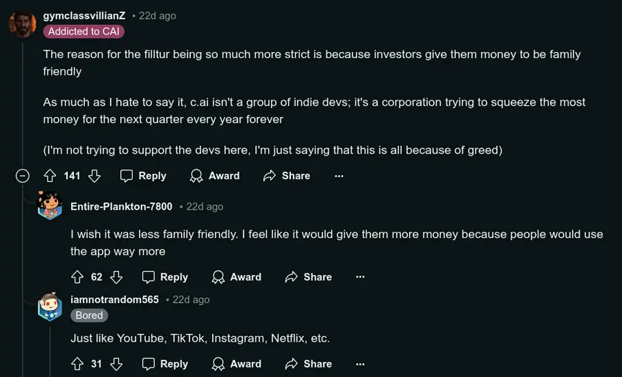 Screenshot of Reddit comment ranting about Character AI being focused on earnings rather than its users