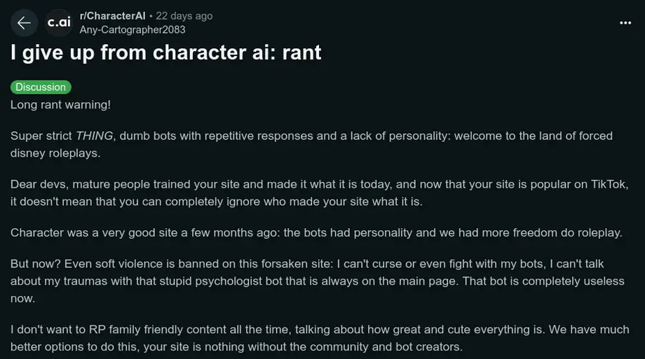 Screenshot of Reddit Post ranting about Character AI Mods censuring the subreddit